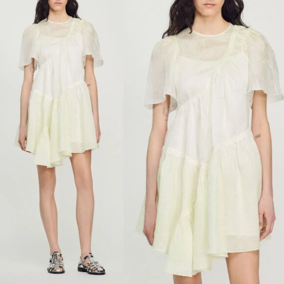 NWT Sandro Kiarane Mini Dress Asymmetric Multicolor Tie Dye Linen Ruffles - Picture 1 of 10